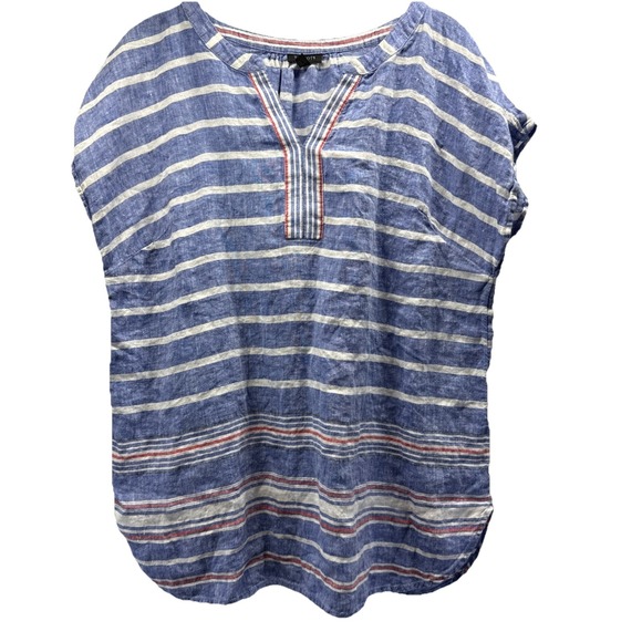 Talbots Tops - Talbots Womens Linen Top Sz M Blue White Stripe Cap Sleeve Pullover V Neck Beach